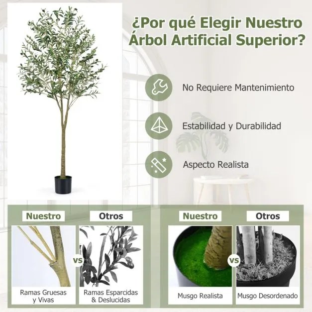 Árvore de Oliveira artificial de 180 cm, plantas de oliveira artificiais com vaso de plástico, 1296 folhas, 72 frutos, Verde