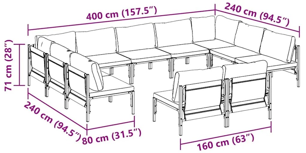 Conjunto de Sofá de Jardim 11 pcs Cinzento-escuro Aço