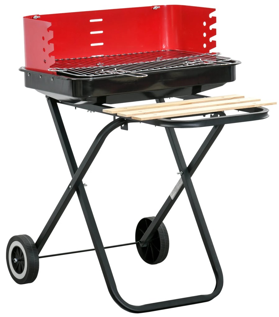 Outsunny Churrasqueira a carvão portátil e dobrável com 2 rodas Churrasqueira com Altura Ajustável para Camping Picnic Beach 57x64x83 cm Vermelho e Preto