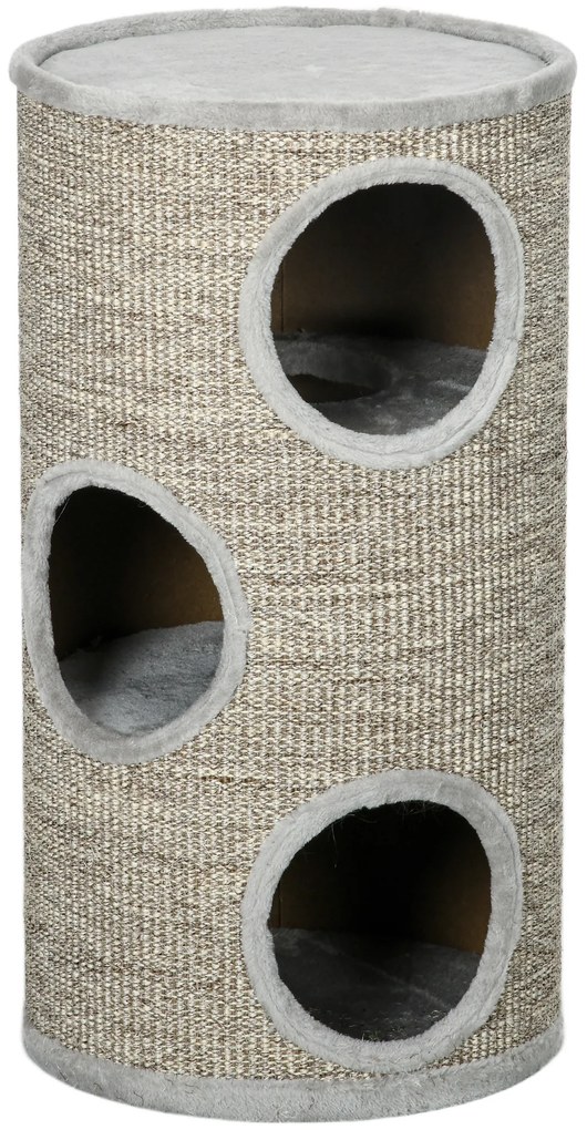 PawHut Barril Arranhar Gatos 3 Níveis Torre Entradas Tampa Sisal Durável Confortável Ø38x70cm Cinzento Claro | Aosom Portugal