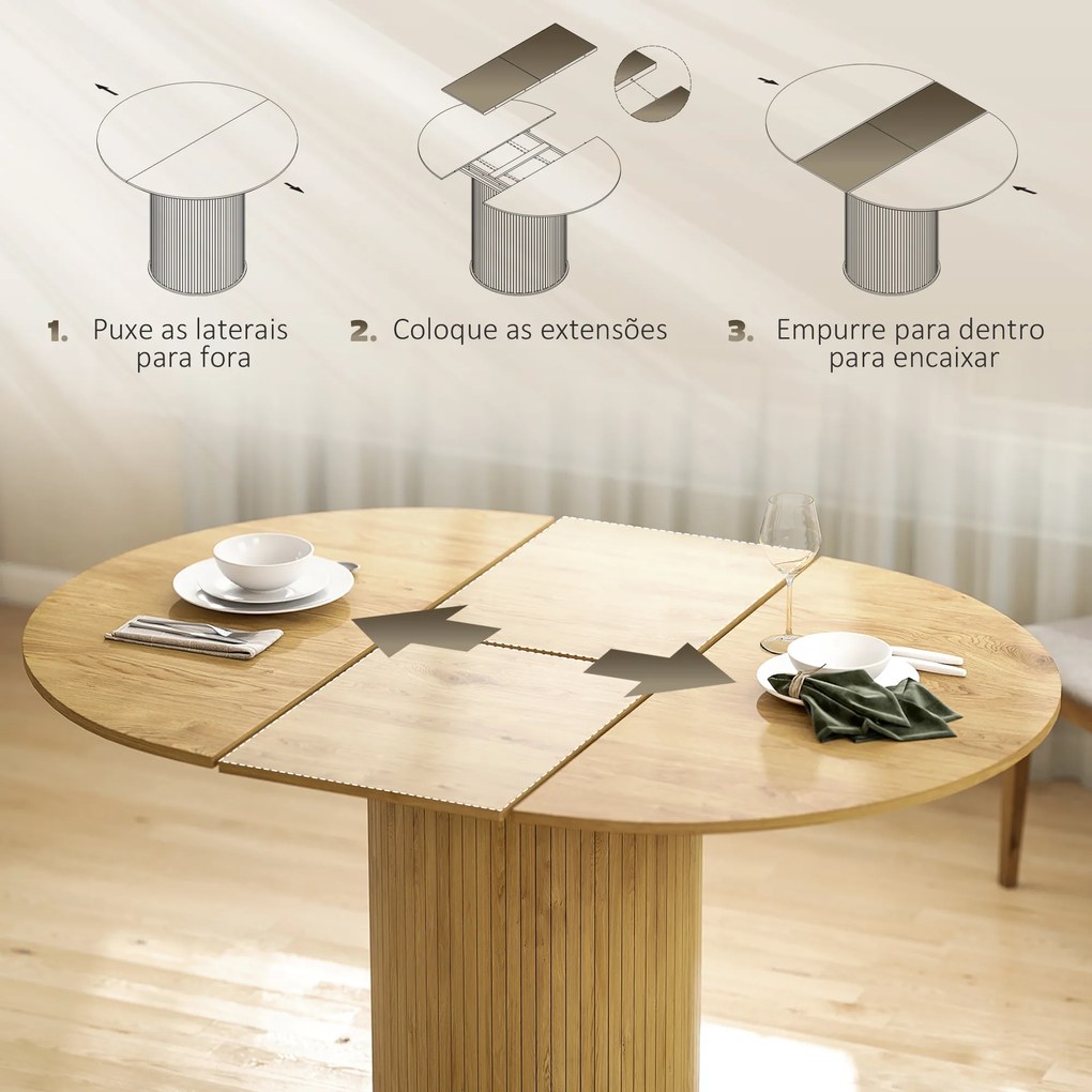 Mesa de Refeição Extensível Redonda para 6-8 Pessoas com Base Estriada para Sala de Estar 110-150x110x75 cm Madeira