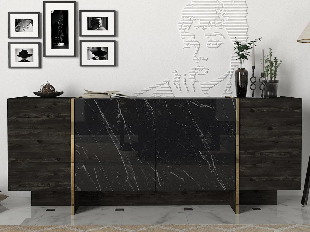 Aparador Veyron – Preto e Dourado, 180x46.6x75.5 cm – Design Moderno G