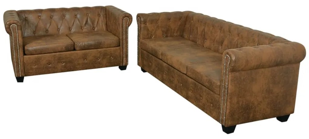 Conjunto de sofás de 2 + 3 lugares, Chesterfield, castanho