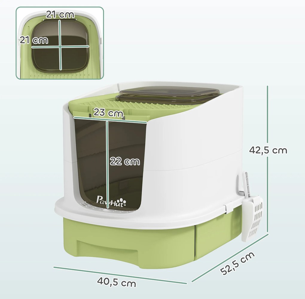 Caixa de Areia para Gatos Fechada com Entrada Frontal Saída Superior Tampa Amovível Bandeja e Pá 40,5x52,5x42,5 cm Verde