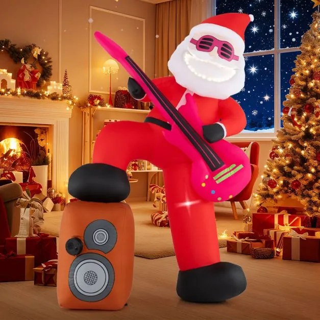 Pai natal insuflável animado pré-iluminado 110 x 50 x 180 cm a tocar guitarra com música e efeito de canto com som sincronizado para interior e exteri