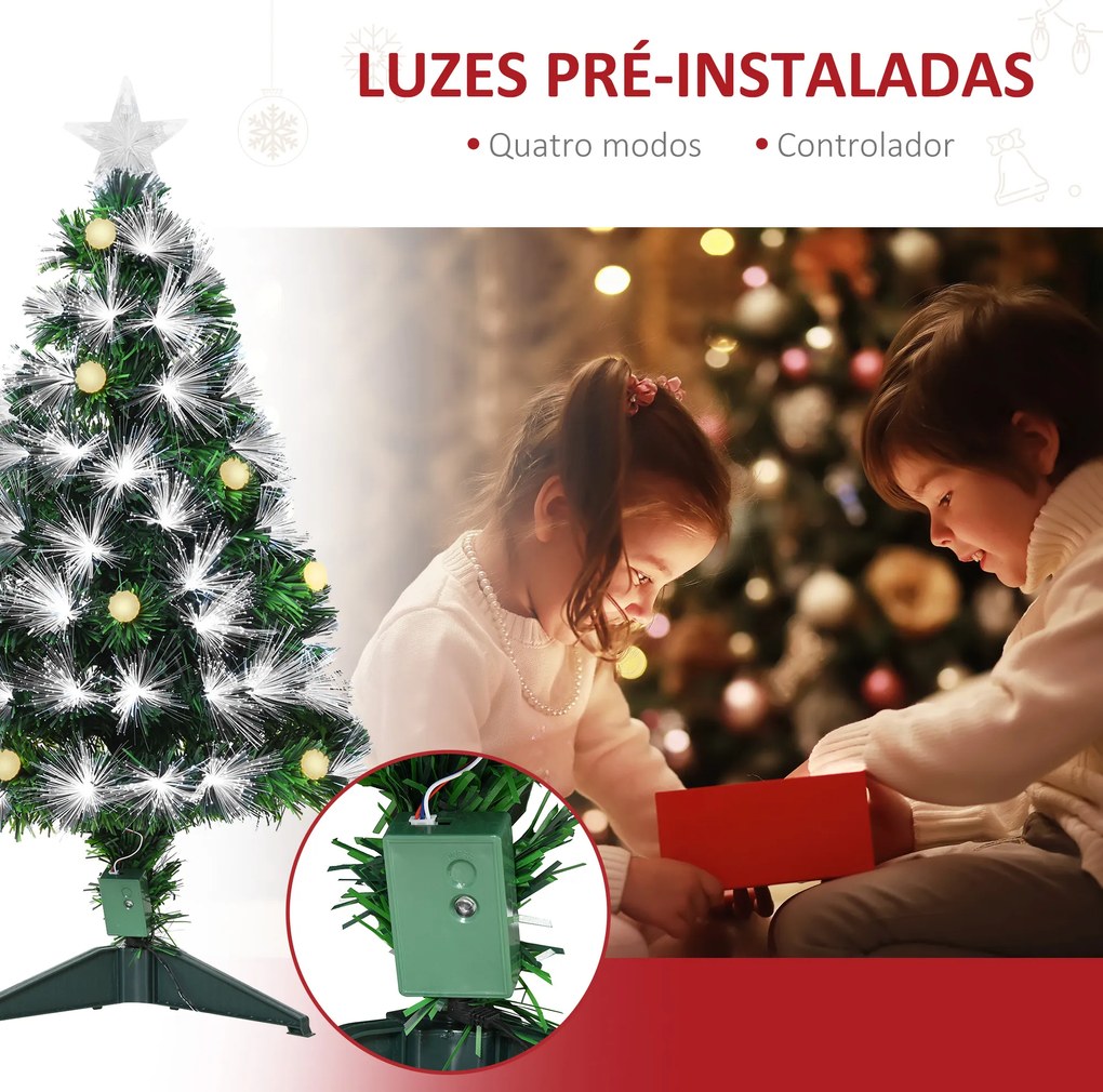 Árvore de Natal 90 cm Árvore de Natal com Fibra Óptica Árvore de Natal Artificial com 90 Luzes LED e 90 Ramos Verde e Branco