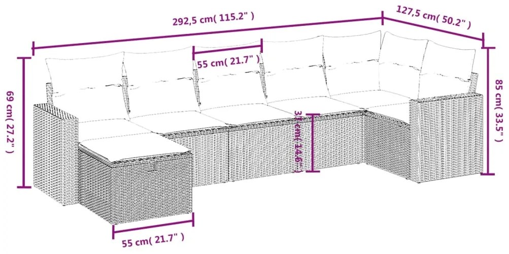 7 pcs conjunto de sofás p/ jardim c/ almofadões vime PE preto