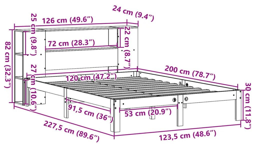 Cama com estante sem colchão 120x200 cm pinho maciço