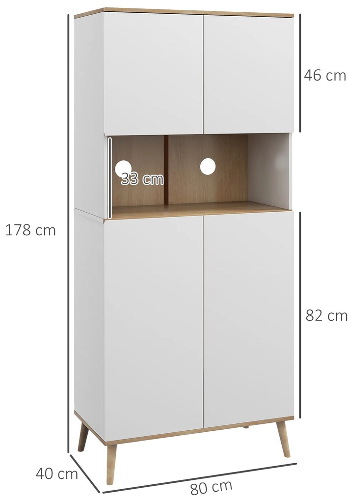Armário de Cozinha com 4 Portas Bancada para Micro-Ondas Prateleiras Ajustáveis Orifício para Cabos 80x40x178 cm Branco