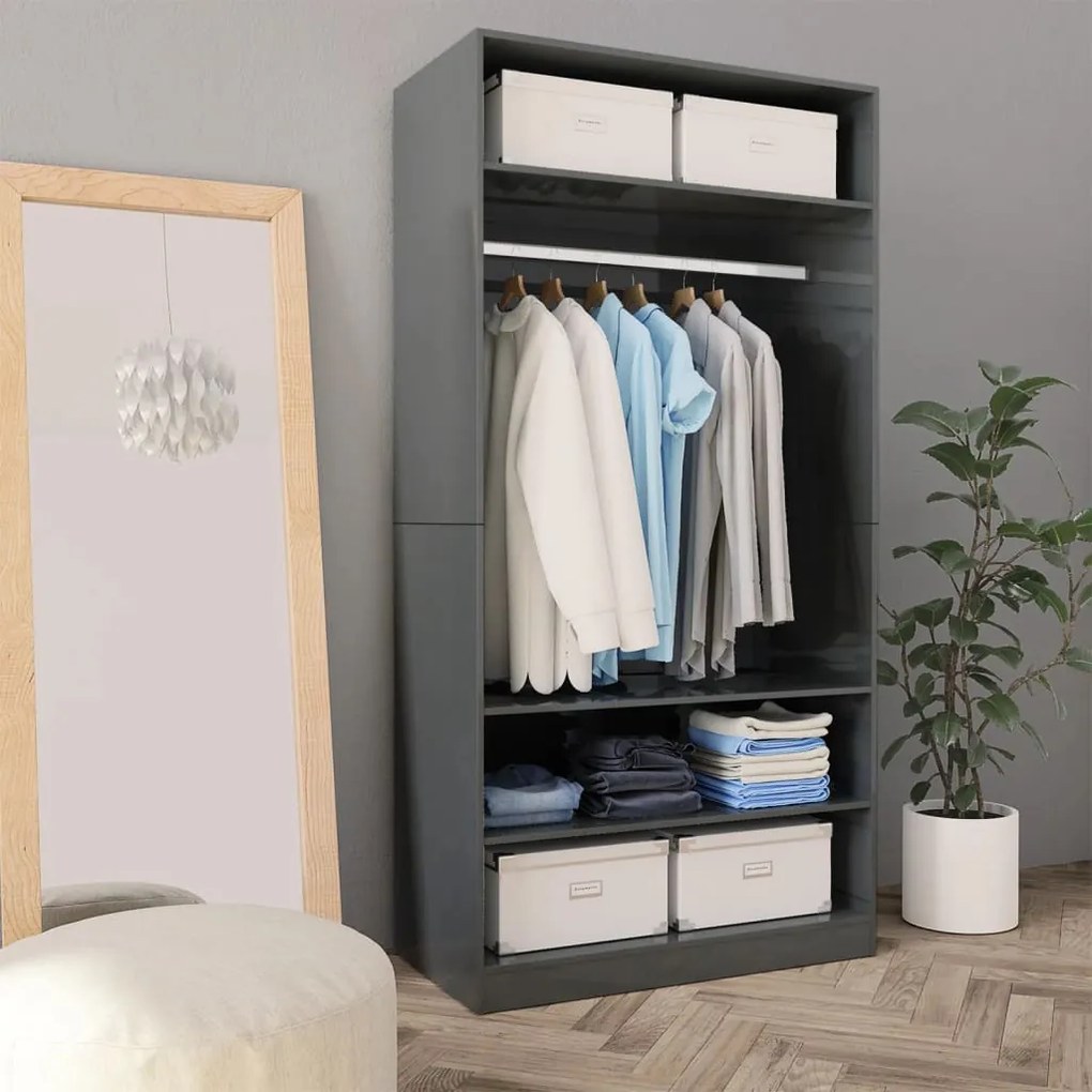 vidaXL Roupeiro 100x50x200 cm contraplacado cinzento brilhante