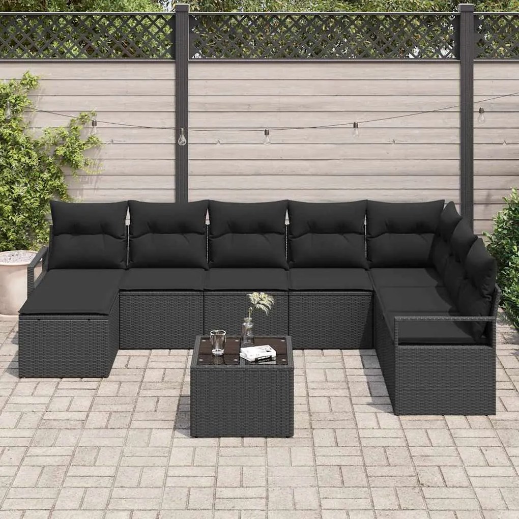 Conjunto de Sofá de Jardim em 9 peças com almofadas bege de rattan.