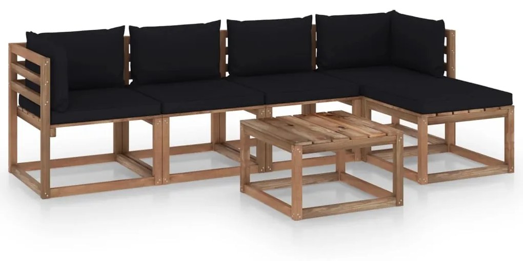 6 pcs conjunto lounge para jardim com almofadões pretos