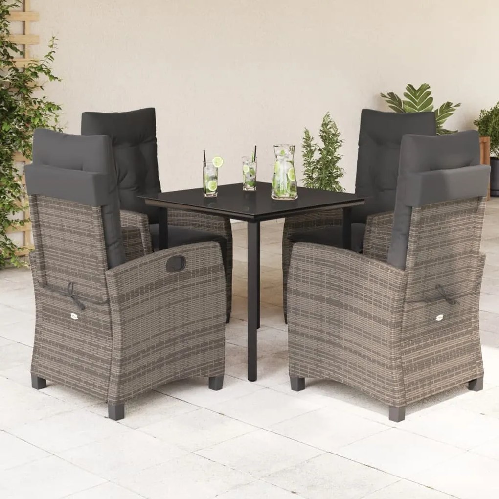 5 pcs conjunto de jantar p/ jardim c/ almofadões vime PE cinza
