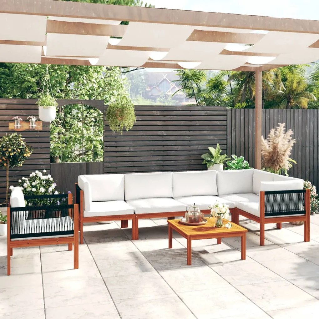 7 pcs conjunto lounge jardim c/ almofadões acácia maciça creme