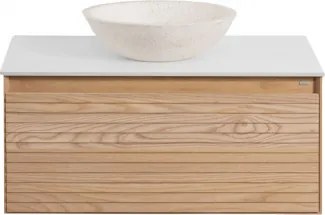 Conjunto De Móvel De Casa De Banho Suspenso Em Madeira De Freixo Tedrik Castanho Fresno & Cimento Redondo Branco Ø40 Cm Zavion & Sem Espelho - Sklum