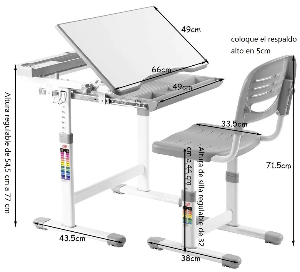 Secretária para crianças com Cadeira ajustável em altura com gaveta em ângulo 66 x 49 x (54,5 - 77) cm Cinzento