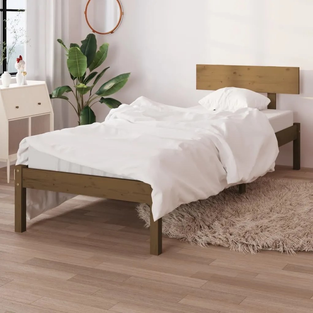 Estrutura cama solteiro UK 90x190 cm pinho maciço castanho-mel