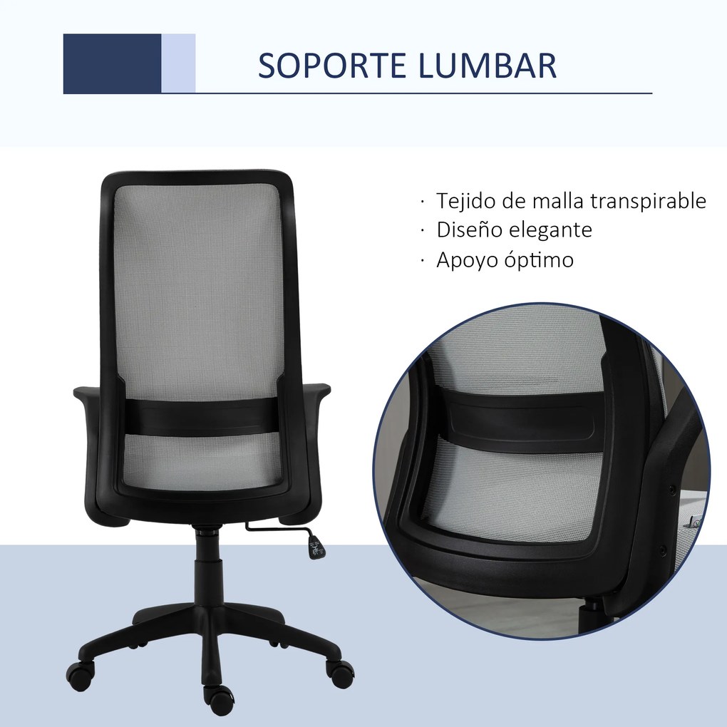 Vinsetto Cadeira de Escritório Ergonômica Cadeira de Escritório Giratória com Altura Ajustável Apoio para os Braços e Suporte Lombar Alto Transpirável 62x62x113-122cm Cinza