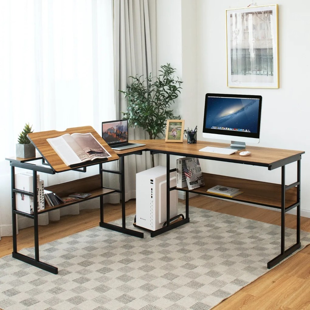 Mesa moderna de escritorio em forma de L, mesa de design inclinado com estrutura metálica inferior Castanho Claro