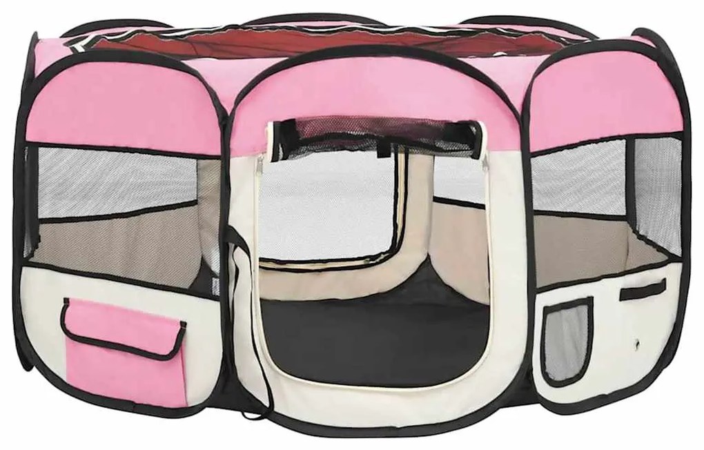Parque dobrável p/ cão c/ saco de transporte 125x125x61cm rosa