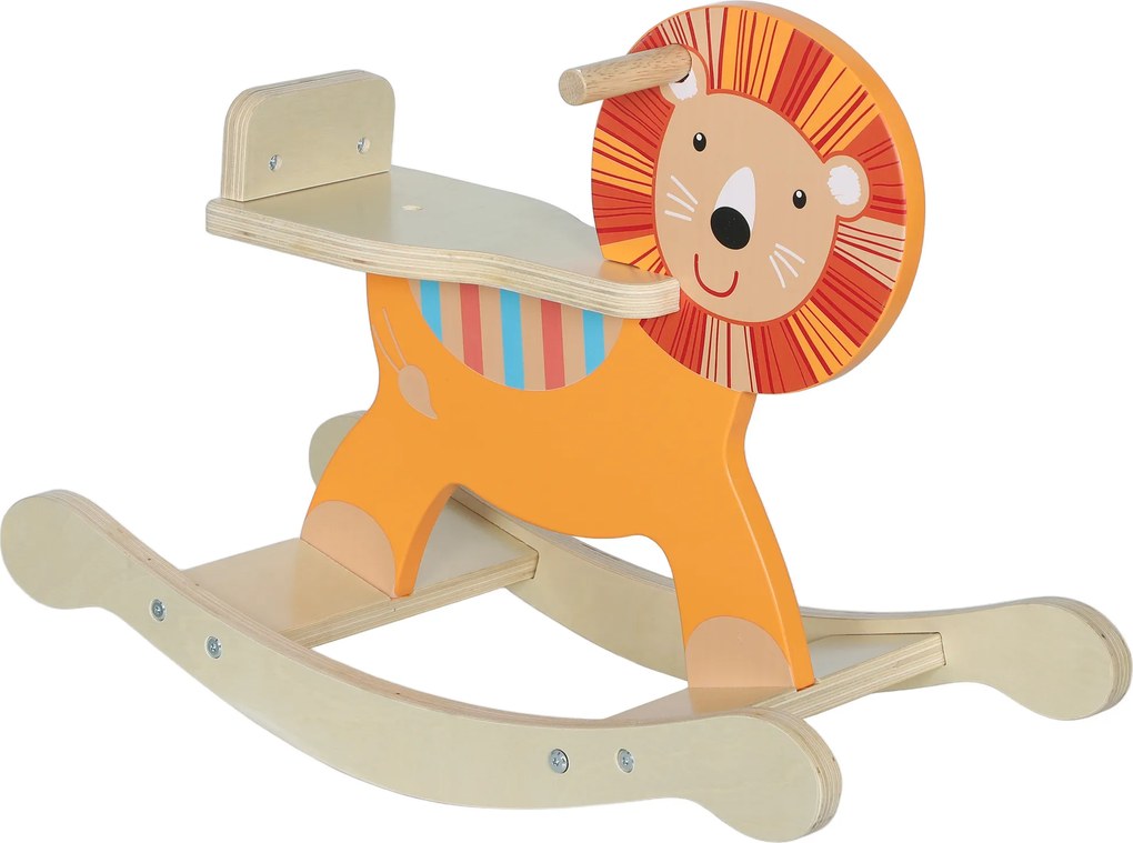 Cavalo de balanço para crianças, leão de brincar de balanço para bebés em madeira com guiador e base estável, 59 x 27 x 43 cm, laranja