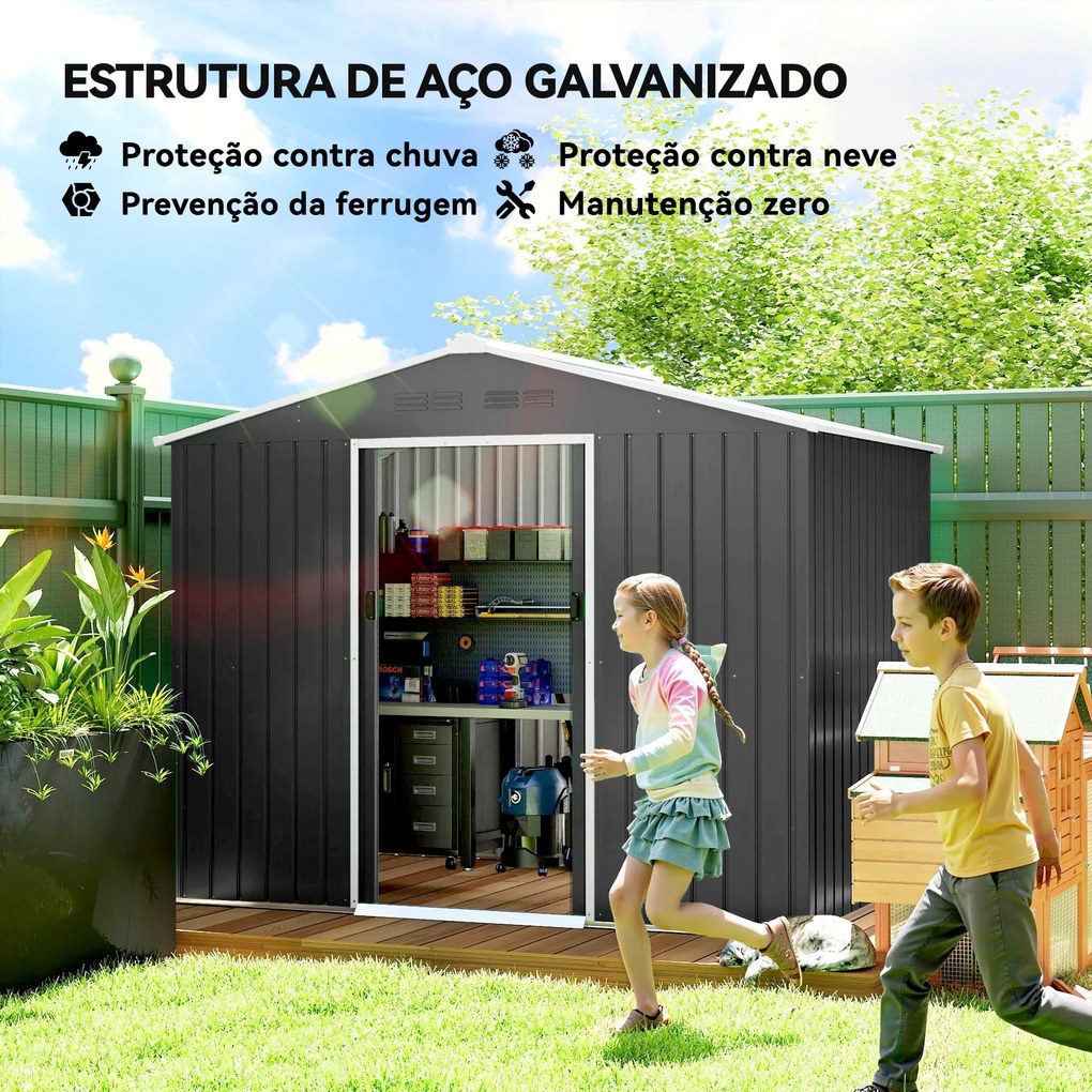 Abrigo de Jardim Exterior 3,6 m² 236x171x191 cm com Portas Deslizantes e Aberturas de Ventilação Cinzento Escuro