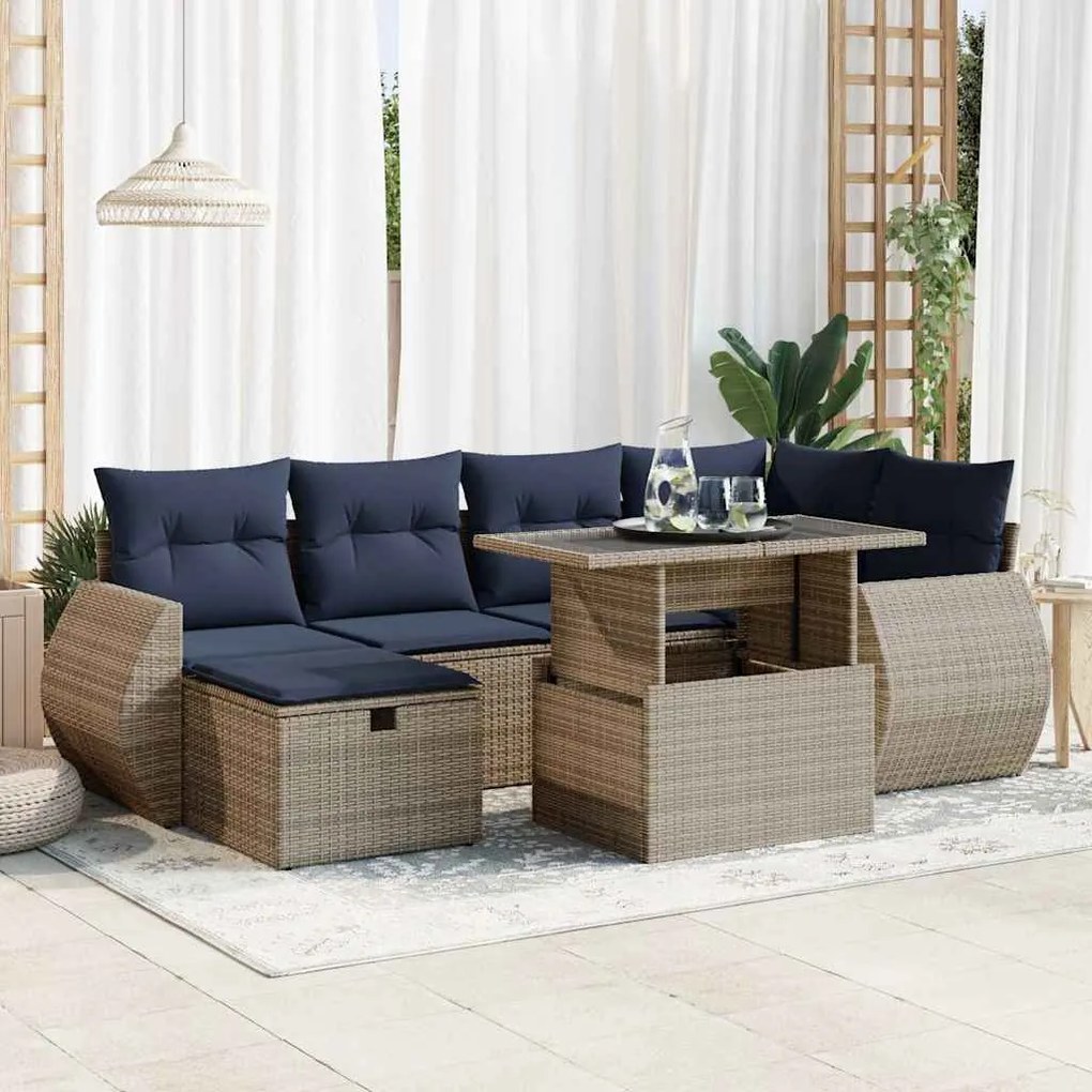 7 pcs conj. sofás jardim c/ almofadões vime PE/acácia castanho