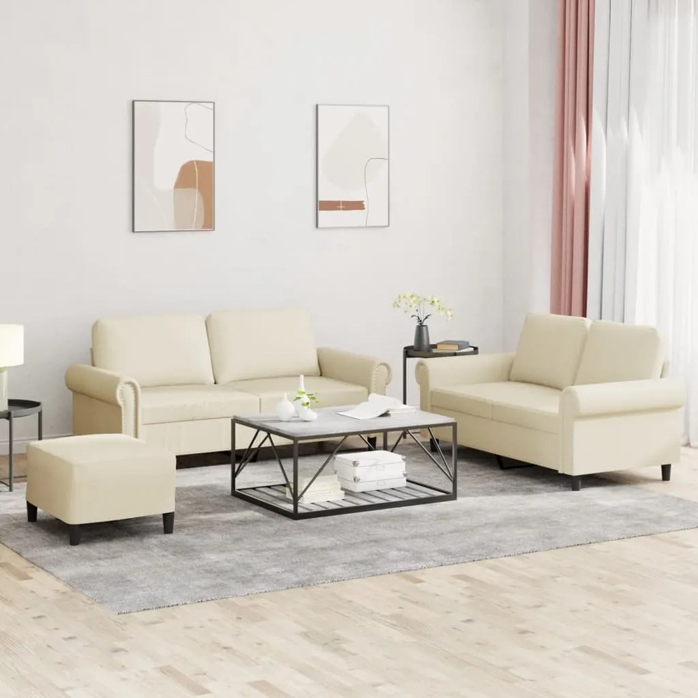 3 pcs conjunto sofás c/ almofadões couro artificial cor creme