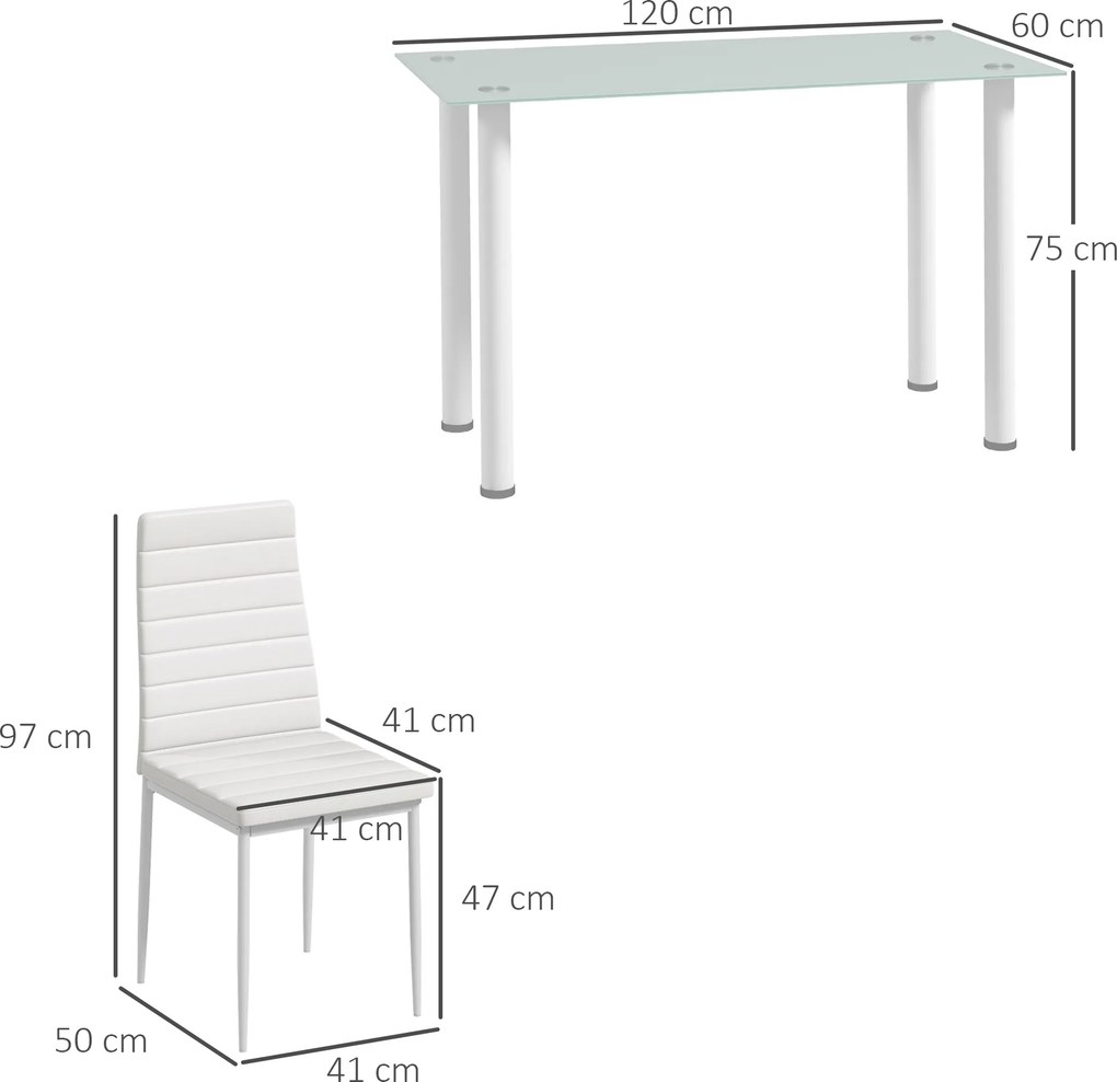 Conjunto de mesa de jantar com 4 cadeiras, tampo em vidro temperado, pés em aço, para cozinha e sala de estar, branco