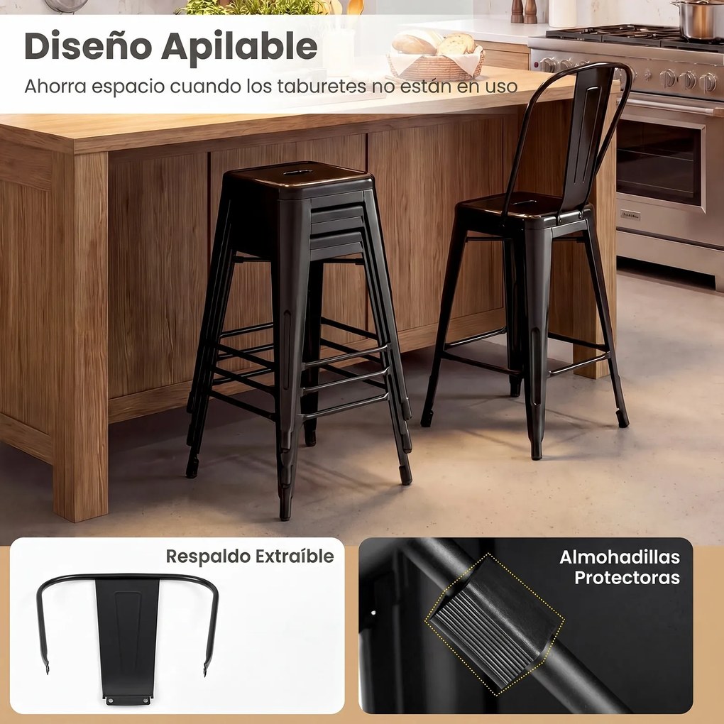 Conjunto de 4 Bancos de Bar com Encosto, 44,5 x 45,5 x 103 cm, Empilháveis, Preto