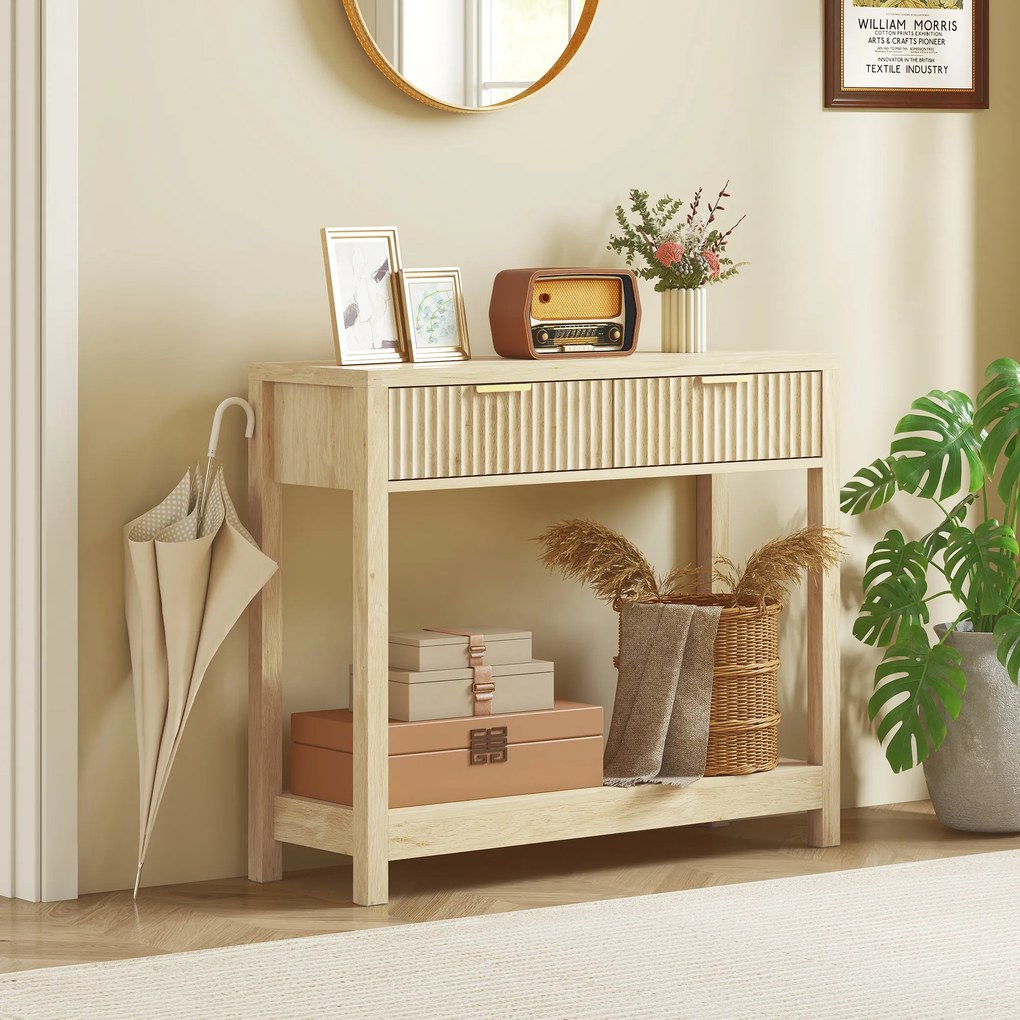 Mesa Consola de entrada de 90 cm, mesa de entrada estreita com 2 gavetas com ranhuras e prateleira, estilo moderno, madeira natural