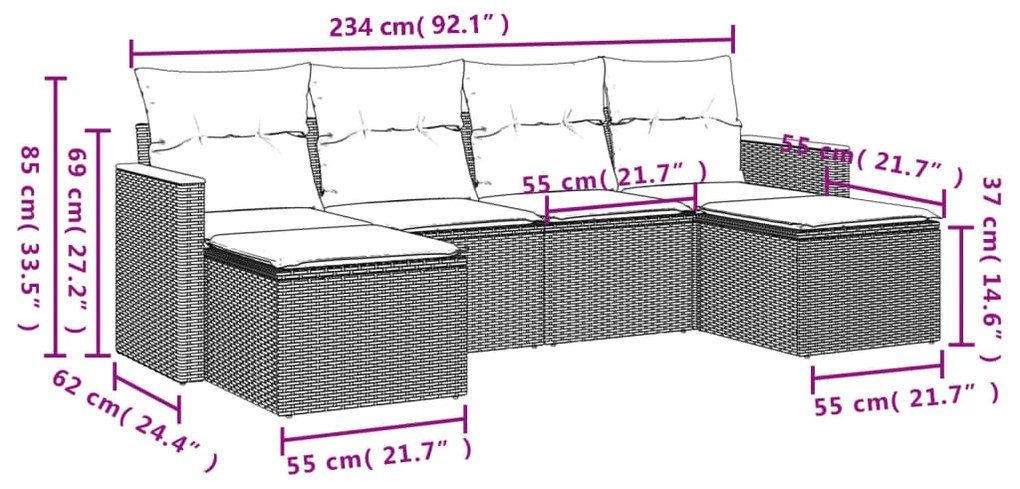 6 pcs conj. sofás jardim c/ almofadões vime PE bege misturado
