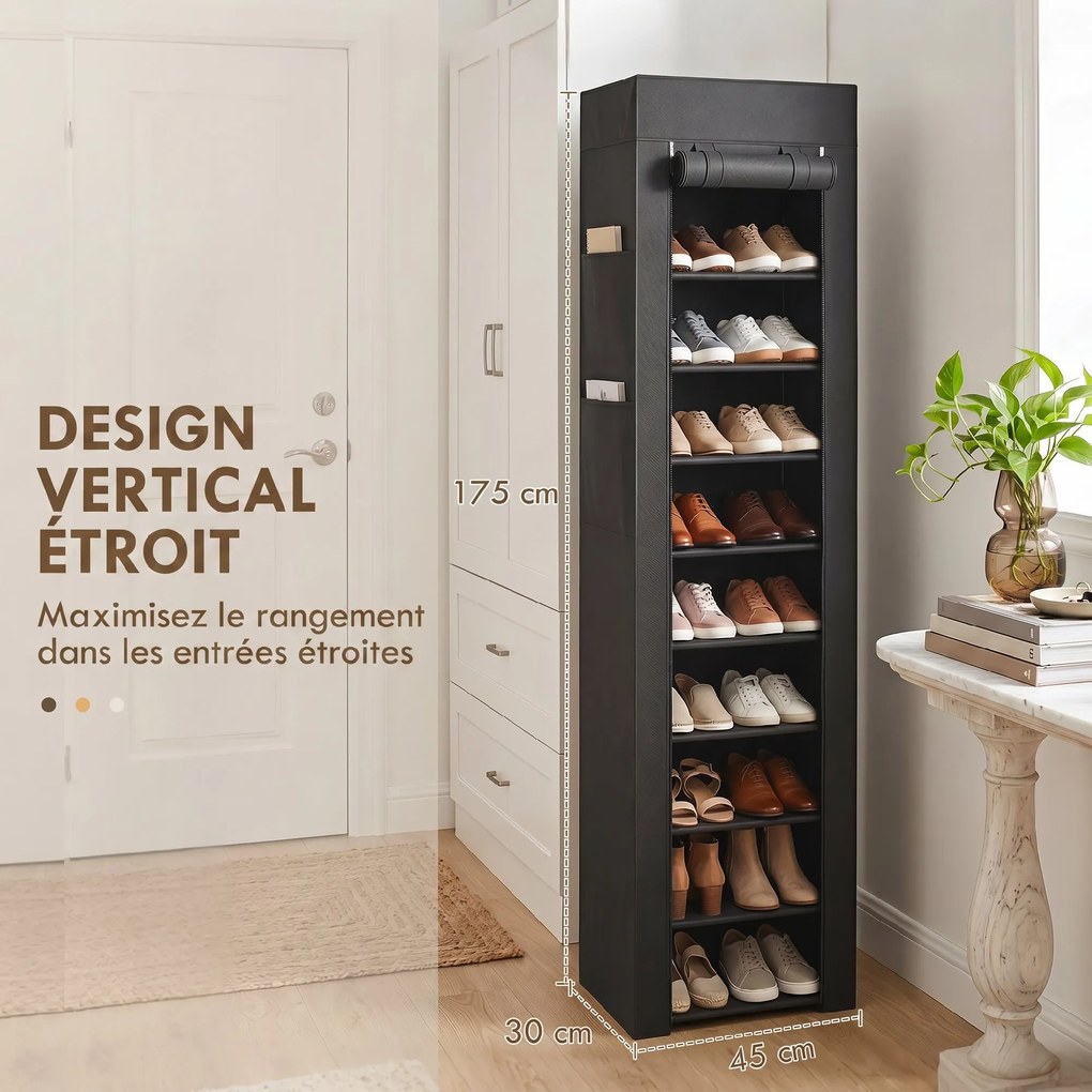 Sapateira com capacidade 45 x 30 x 175 cm para 20 pares e 10 níveis, organizador de sapatos em metal com capa anti pó, preto