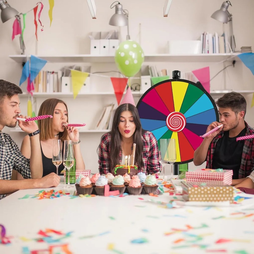 Roleta da Sorte Φ 60 cm Altura ajustável com base e 14 ranhuras personalizável Jogo com caneta apagável para festas Multicolorida