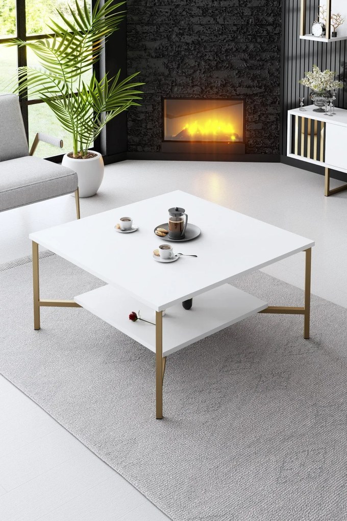 Mesa de Centro Gold Line – Branco/Preto – 80x80x40 cm