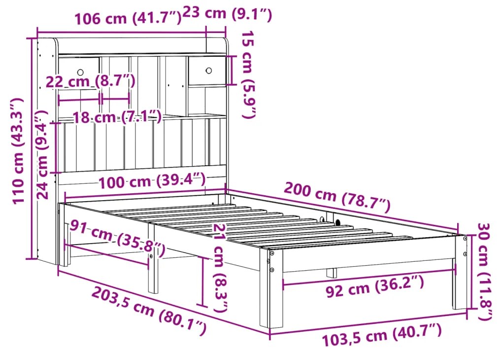 Cama com estante sem colchão 100x200 cm pinho maciço branco