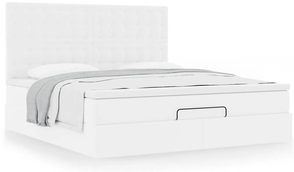 Estrutura de cama otomana com colchão branco couro falso