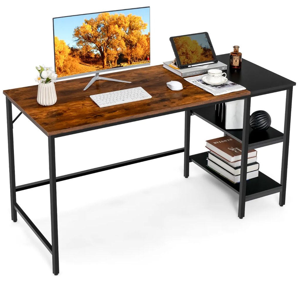 Mesa de computador, laptop, mesa com prateleiras de armazenamento, estrutura de aço industrial para escritório, casa, 140 x 60 x 74 cm, castanho