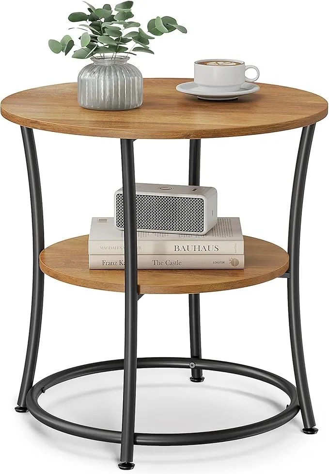 Mesa lateral VASAGLE, mesa redonda com 2 prateleiras de armazenamento para sala de estar, quarto, mesa de cabeceira com estrutura de aço para espaços pequenos, mesa de centro decorativa, nogueira rústica e preto-tinta