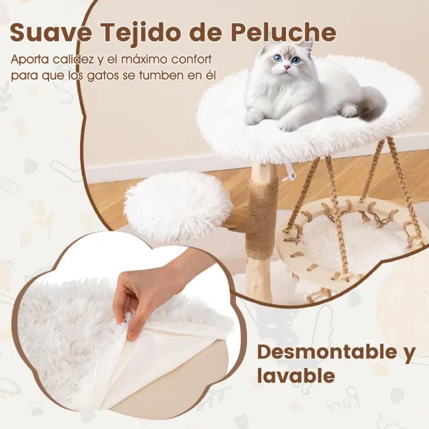 Arranhador para gatos 64 x 44 x 66 cm com berço suspenso, poste para arranhar em juta, plataforma acolchoada e pelúcia macia para interior Natural+Br