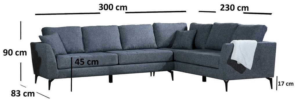 Sofá de Canto Tempo - Cinza Escuro - 300cm x 83cm x 90cm