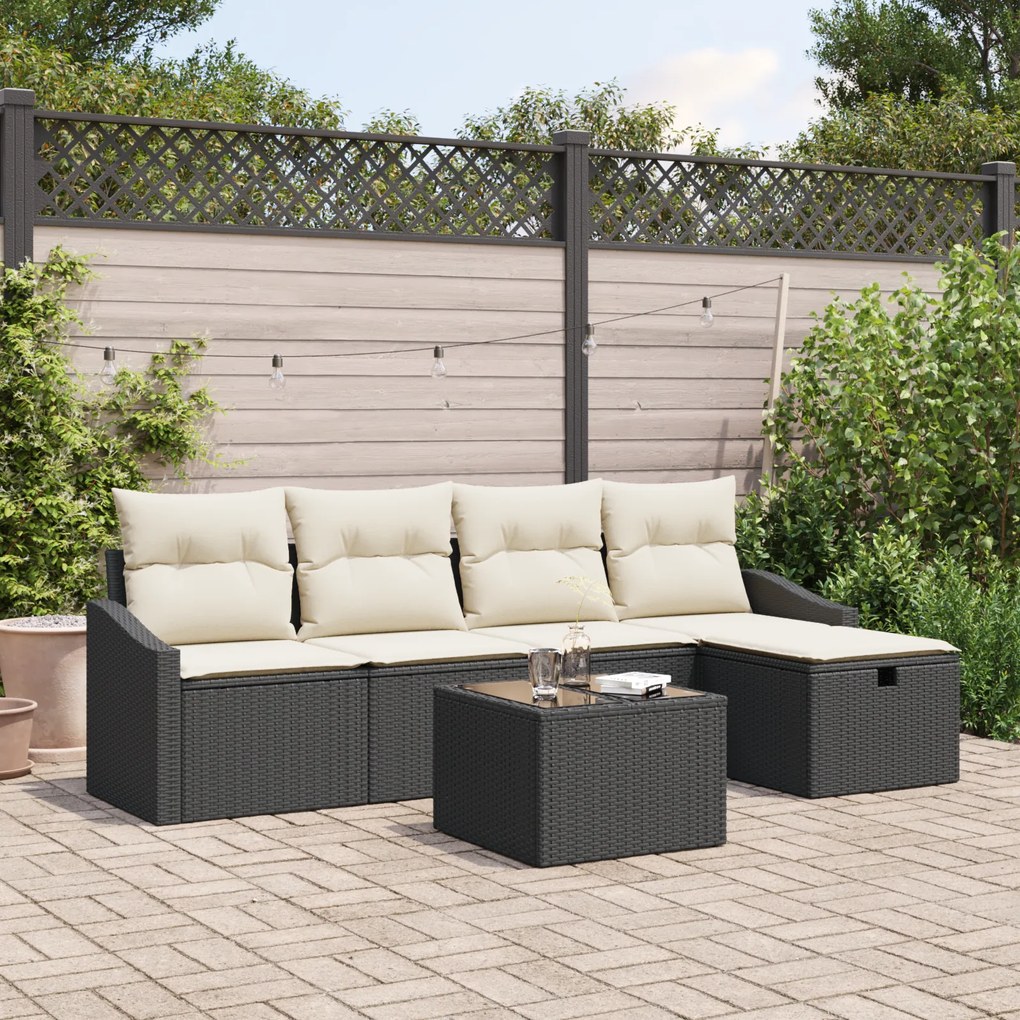 Conjunto de Sofá de Jardim de 6 Peças com Almofadas Preto Ratan Poliés