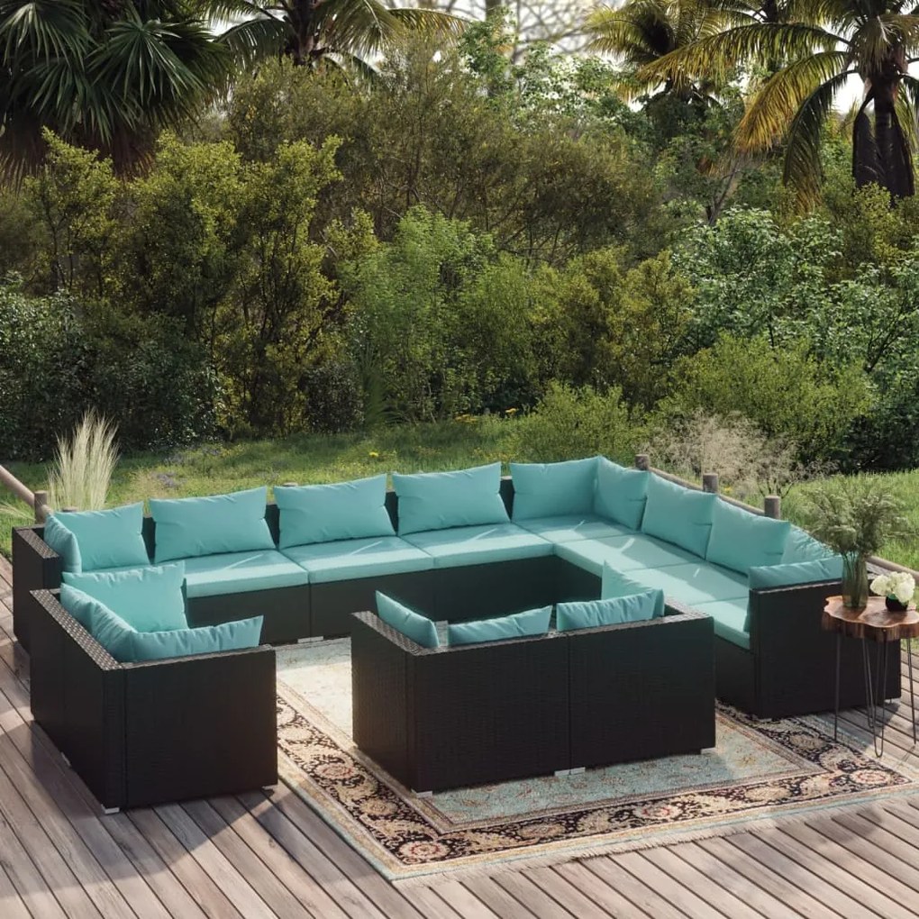 vidaXL 12 pcs conjunto lounge de jardim c/ almofadões vime PE preto
