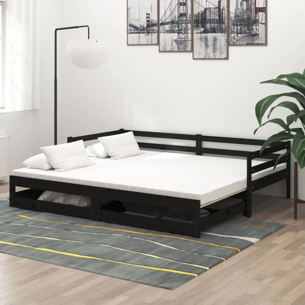 vidaXL Estrutura sofá-cama de puxar 2x(90x200) cm pinho maciço preto