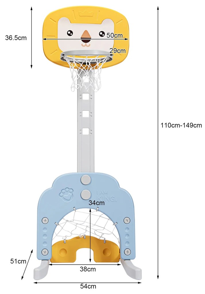 Cesto de basquetebol 3 em 1 com conjunto de golfe Altura ajustável Cesto de basquetebol para crianças leve e estável  54 x 51 x 110-149 cm Amarelo