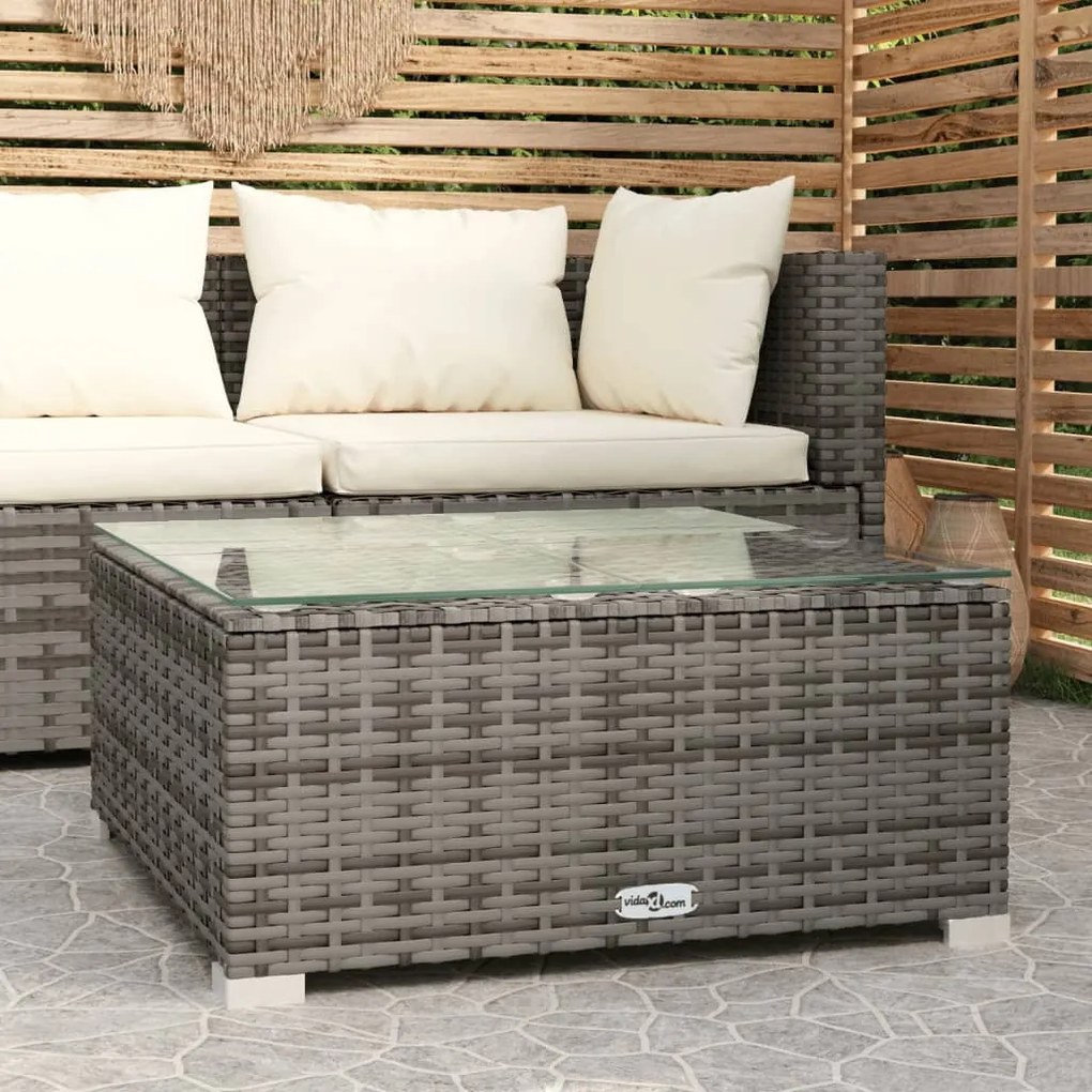 317513 vidaXL Mesa de centro para jardim 60x60x30 cm vime PE e vidro cinzento