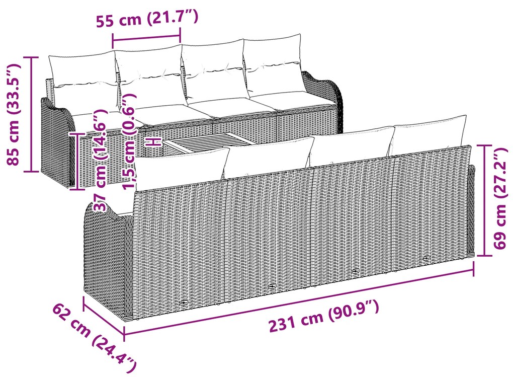 Conjunto de Sofás de Jardim vidaXL 9 Peças com Almofadas Cinza Rattan