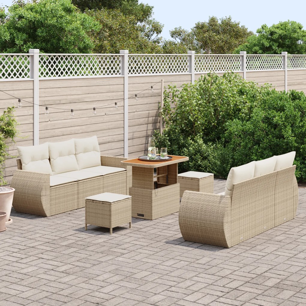 Conjunto de Sofás de Jardim vidaXL 9 Peças com Almofadas Bege Rattan P