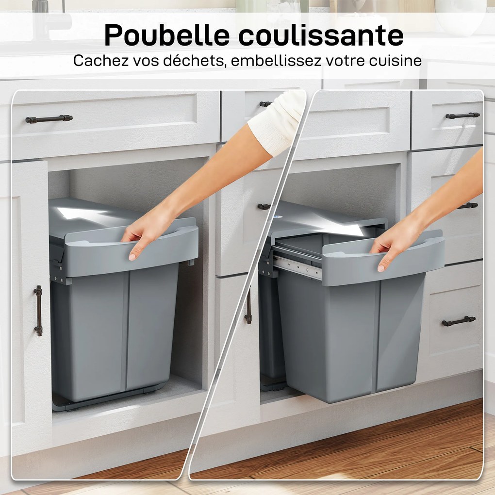 Caixote do lixo de cozinha embutível e deslizante para debaixo do lava-loiça com 2 compartimentos removíveis de 20 L, 52 x 33,5 x 41 cm, cinzento