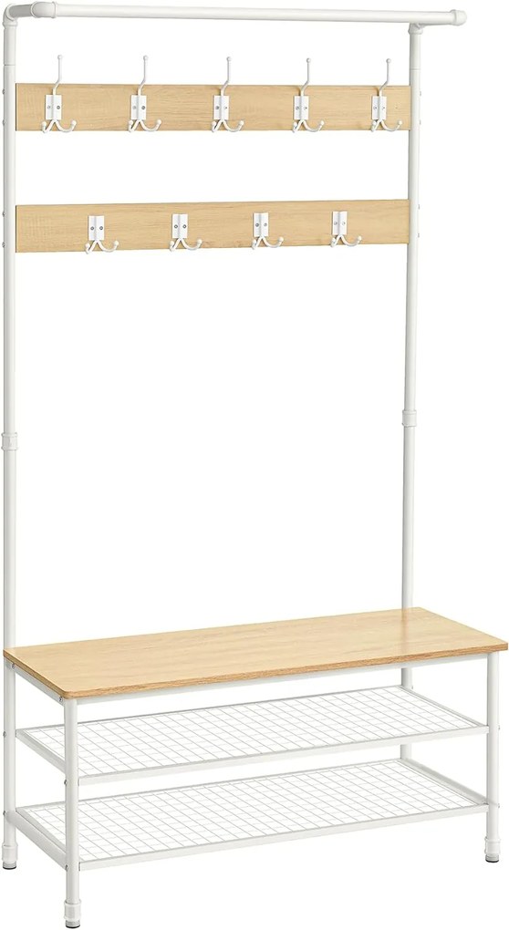 Cabide grande c/ banco, 9 ganchos, varão p/ pendurar, 41.5 x 100 x 182 cm, carvalho/branco, estilo moderno